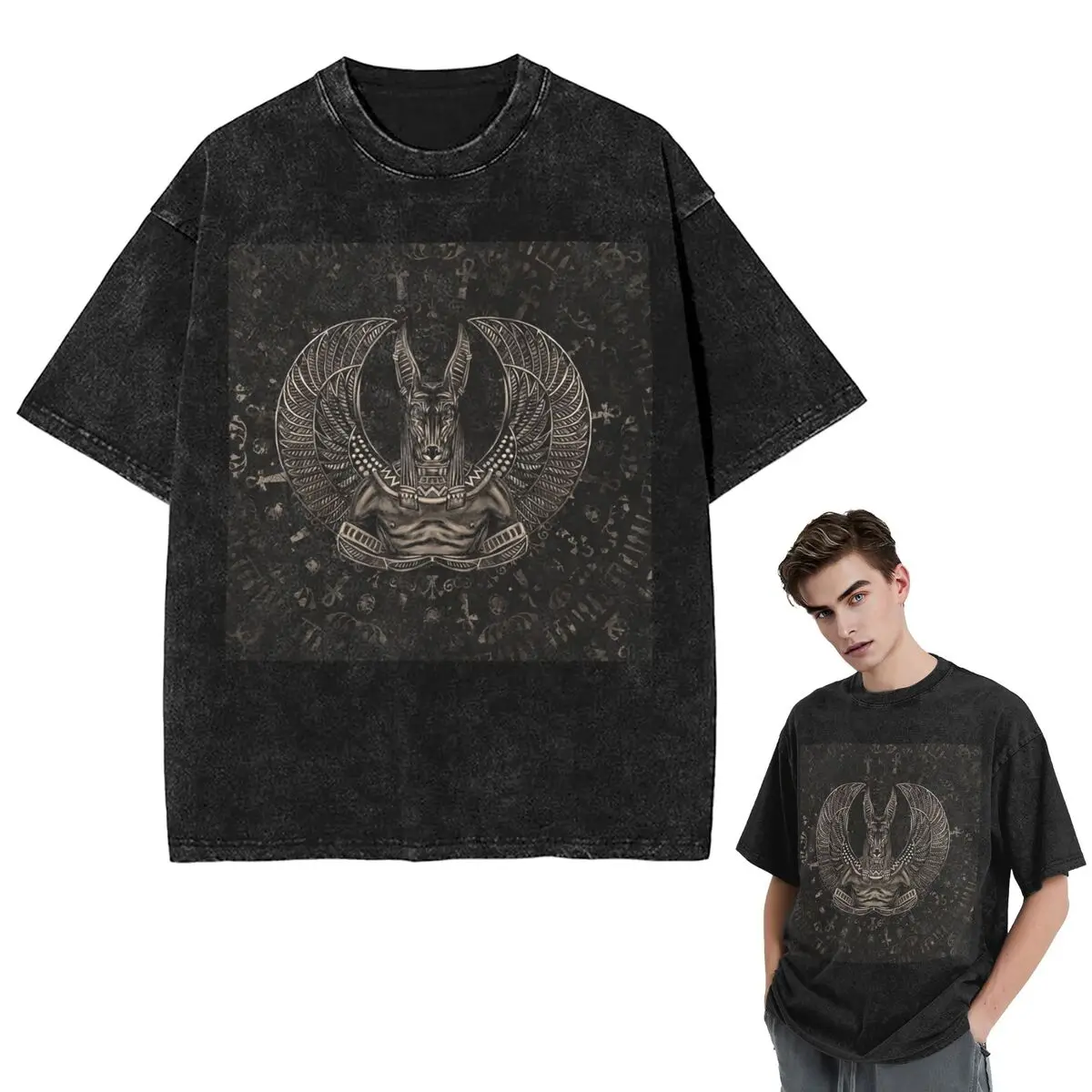 Streetwear T-Shirts Anubis Egyptian God Sepia Washed T Shirt Short Sleeve Hip Hop T-Shirt Tops Tees for Men Women