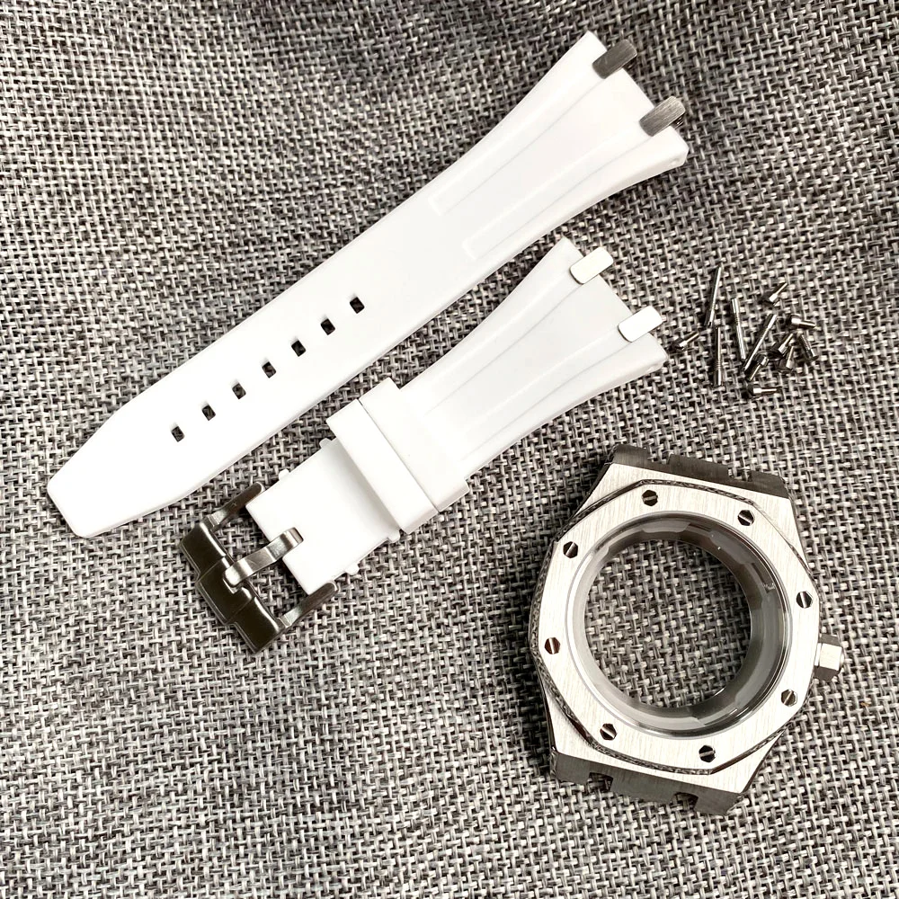 42mm Stainless Steel Octagonal Brushed Watch Case Fit NH35 NH36  NH70 NH72 Movement Rubber Bracelet Sapphire Glass