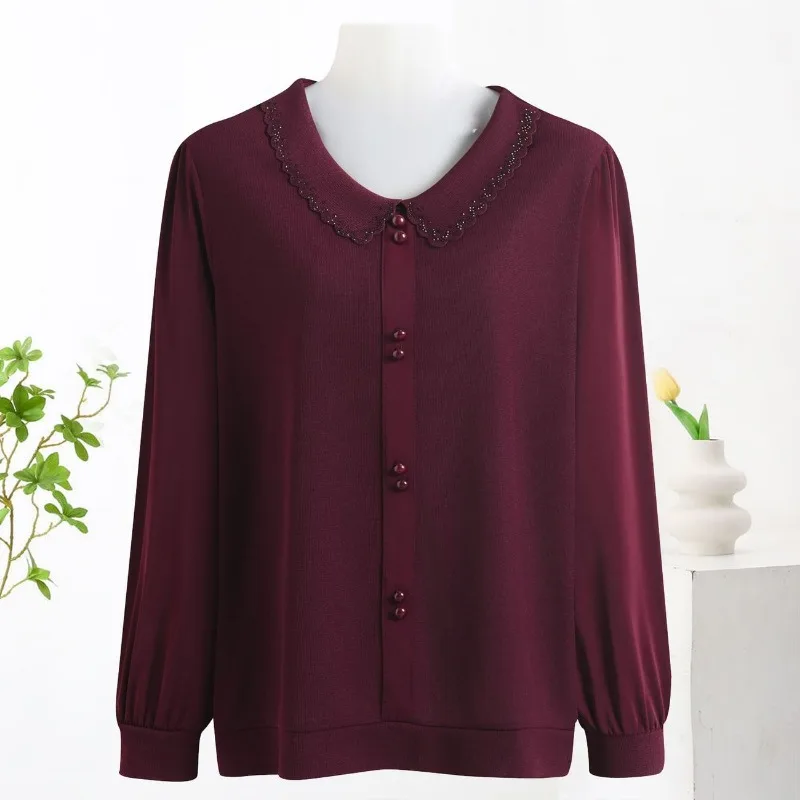 Womens Spring Lapel Rhinestone Long Sleeve Top Middle Aged Loose Cover Belly Knit Blouse