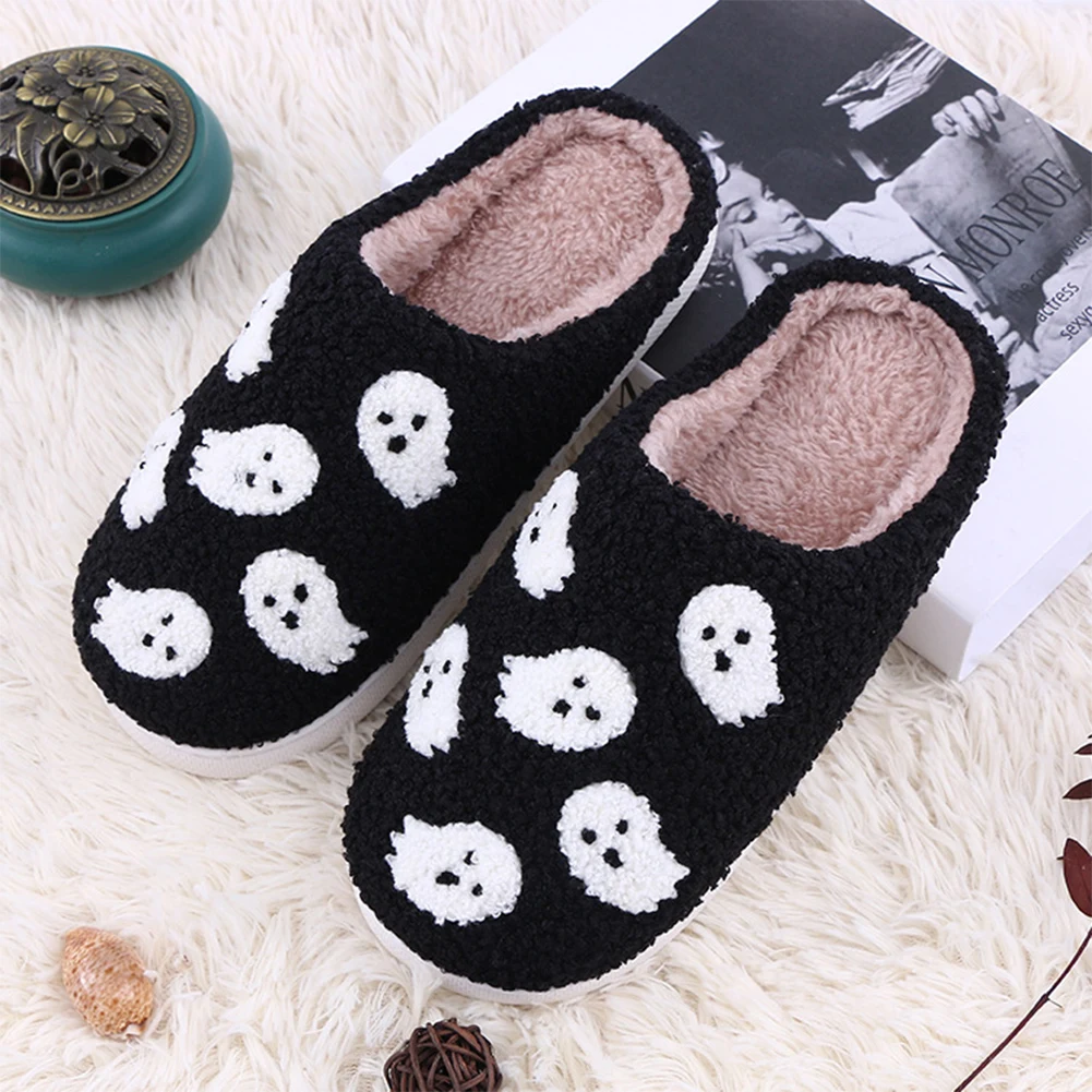 Halloween Ghost Plush Slippers Flat Thermal Slippers Comfortable Soft Furry Slipper Anti Slip Cute Spooky Slippers for Men Women