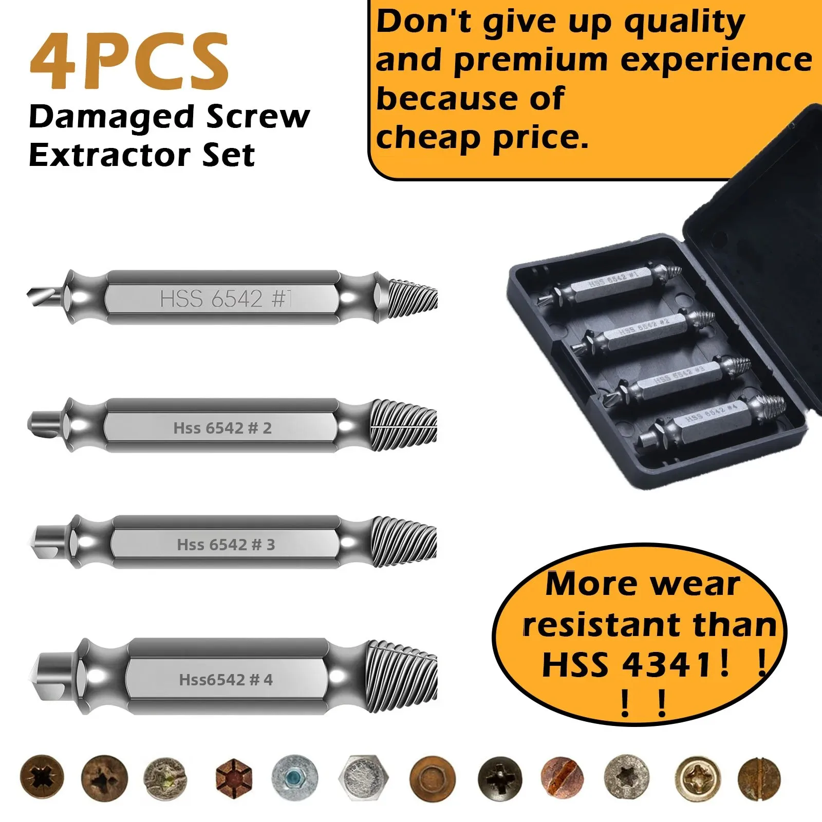 

4pc Screw Extractor Set (63-65HRC) - Removes Broken Stripped Screws & Bolts - For Home/Auto Repair