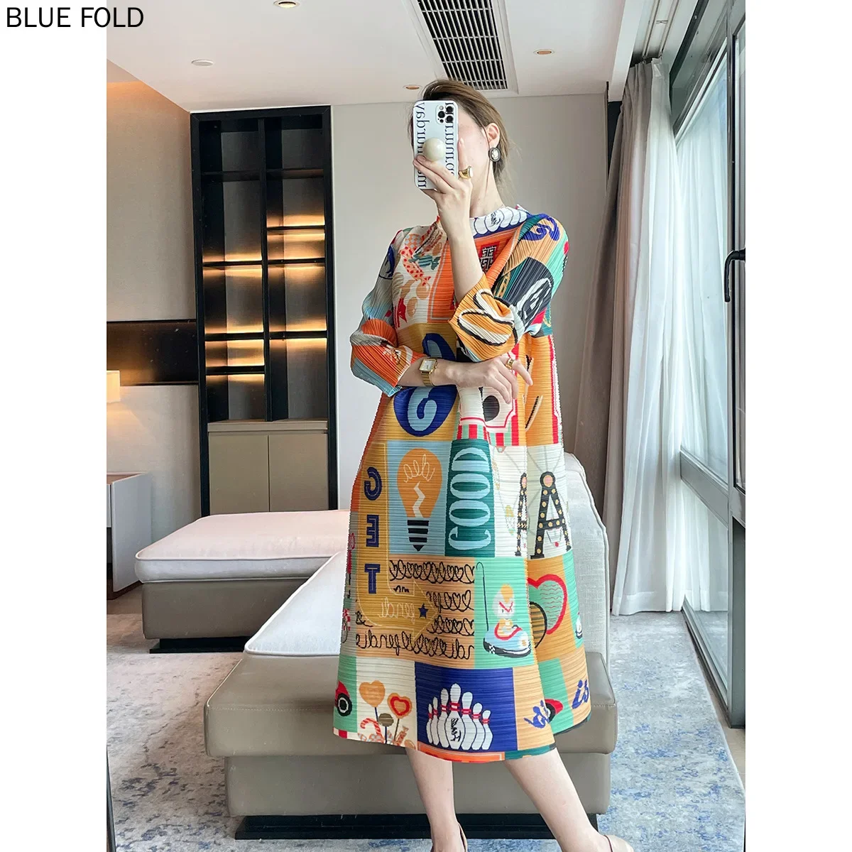 Miyake Pleated Spring New Autumn Fashion Letter Cartoon Print Dress High-end Loose Long Dresses for Women Elegant Vestido Robe