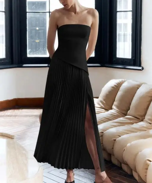 فستان نسائي طويل مثير بدون حمالات الخصر مقطوع بدون ظهر فستان بفتحة للنساء أنيق ومثير ومزاج على شكل حرف a فستان بشق مطوي #4