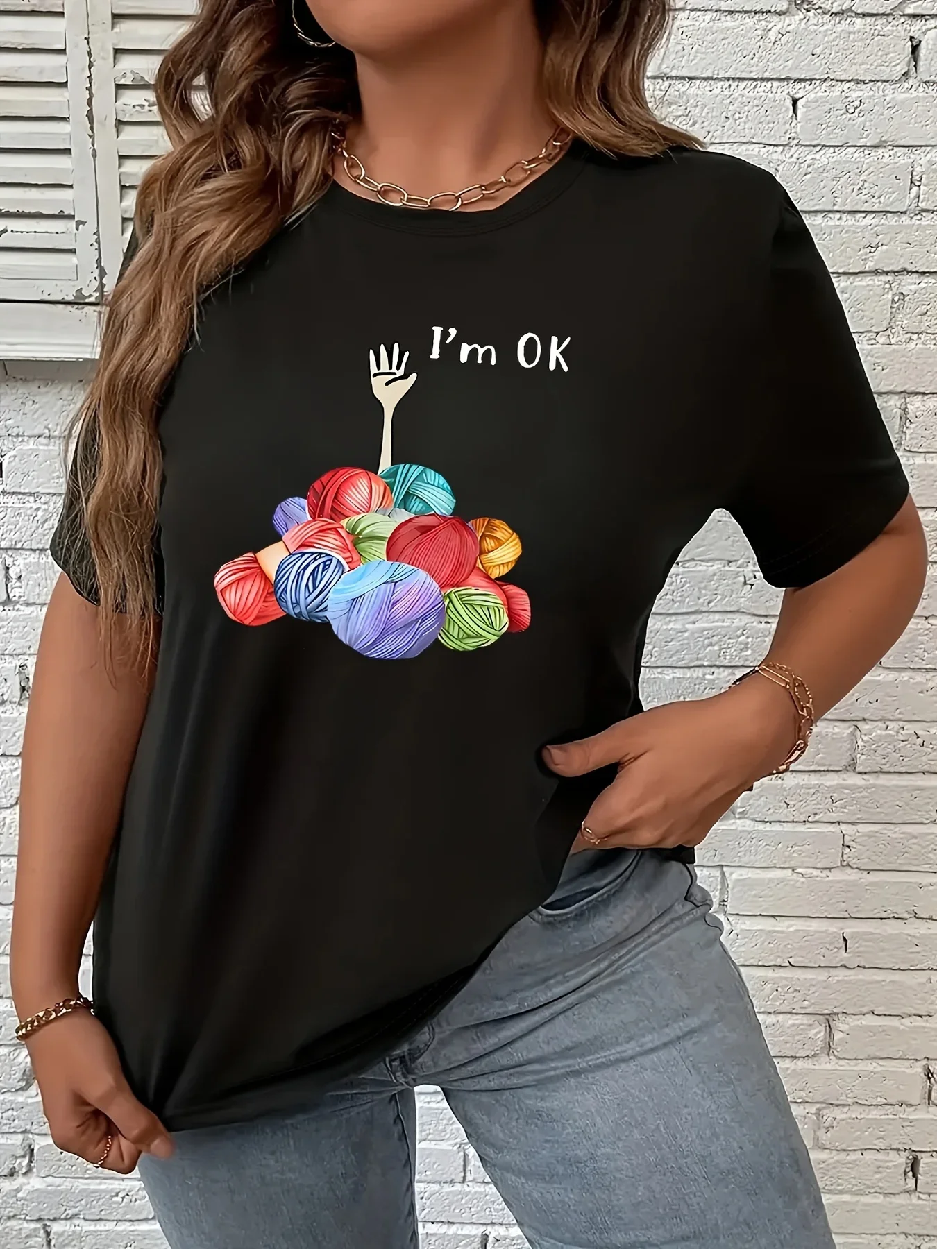 تي شيرت نسائي صيفي مع حروف "أنا على ما يرام" ونمط كومة الغزل الإبداعي مطبوع كاجوال برقبة دائرية وأكمام قصيرة قمة الموضة #2