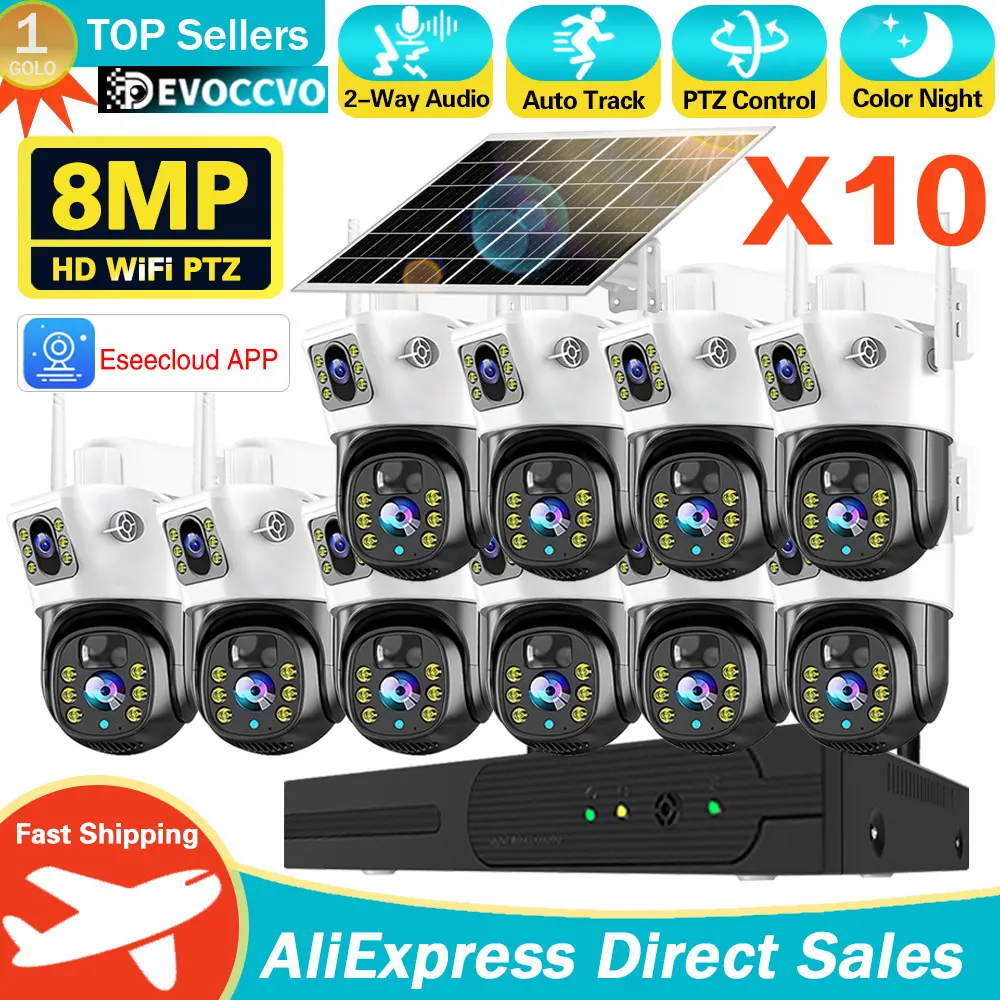 

10CH NVR 8MP Wireless CCTV Security Camera System Outdoor Solar Battery Powered Wifi IP Camera PTZ Video Surveillance Protection