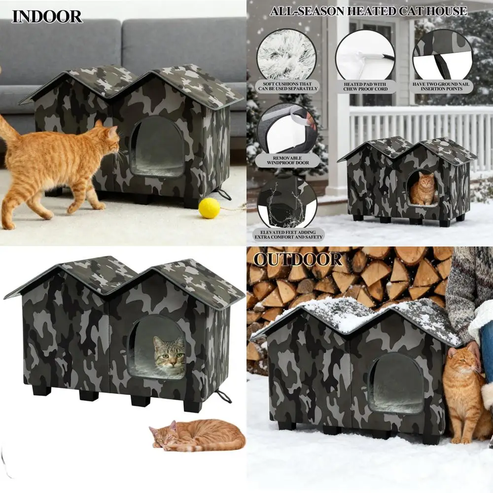 

Insulated Elevated Outdoor Cat House with Heated Pad, Weatherproof Green Large Shelter for Cats in Winter