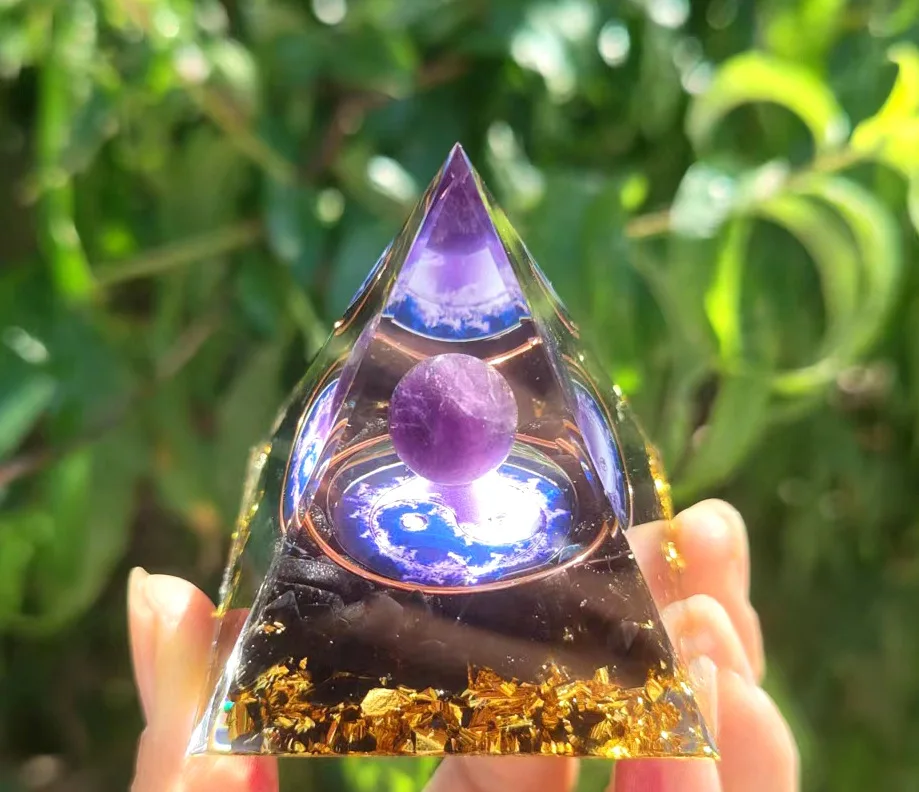 Triangle Orgone Pyramid Amethyst Peridot Healing Crystal Energy Orgonite Pyramide Meditation Tool Quartz Home Decor