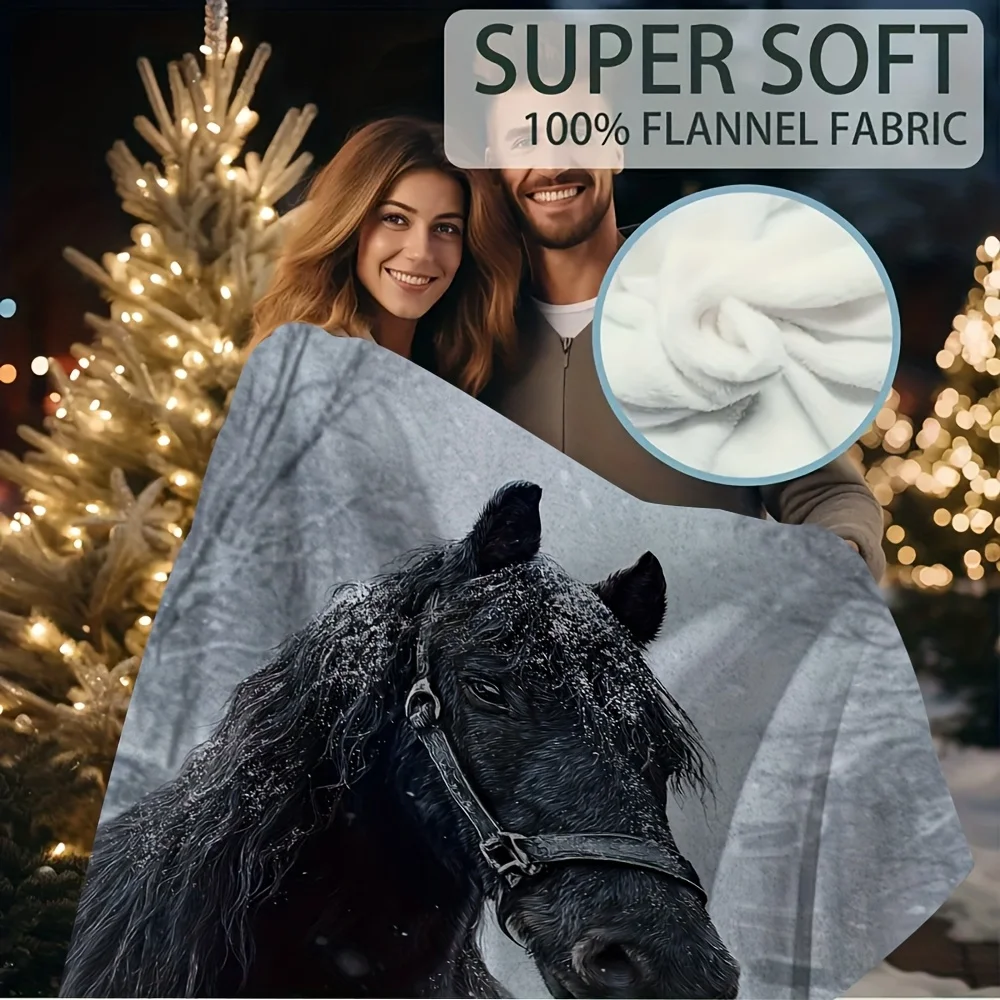Winter Horse Portrait Blanket Cozy Fleece Throw for Living Room Home Decor Equestrian Animal Lover Gift Blanket