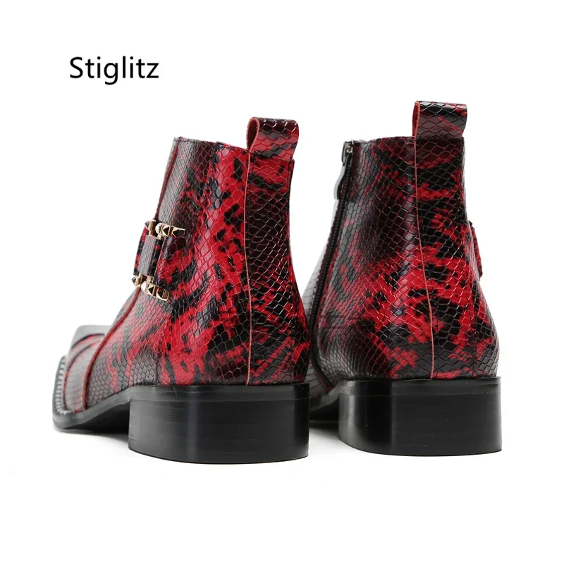 

Red Snakeskin Chelsea Boots Men's Cowhide Metal Square Toe Business High-Tops Formal Male Boots Genuine Leather Ankle Boots