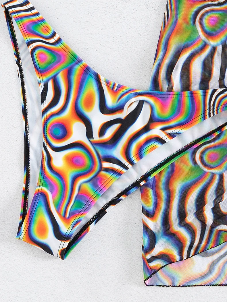 مثير الملونة مخطط مجموعة البكيني المرأة الجديدة الرسن رفع الطيات تنورة 3 قطعة ملابس السباحة 2024 ثوب السباحة عالية الخصر ملابس السباحة #6