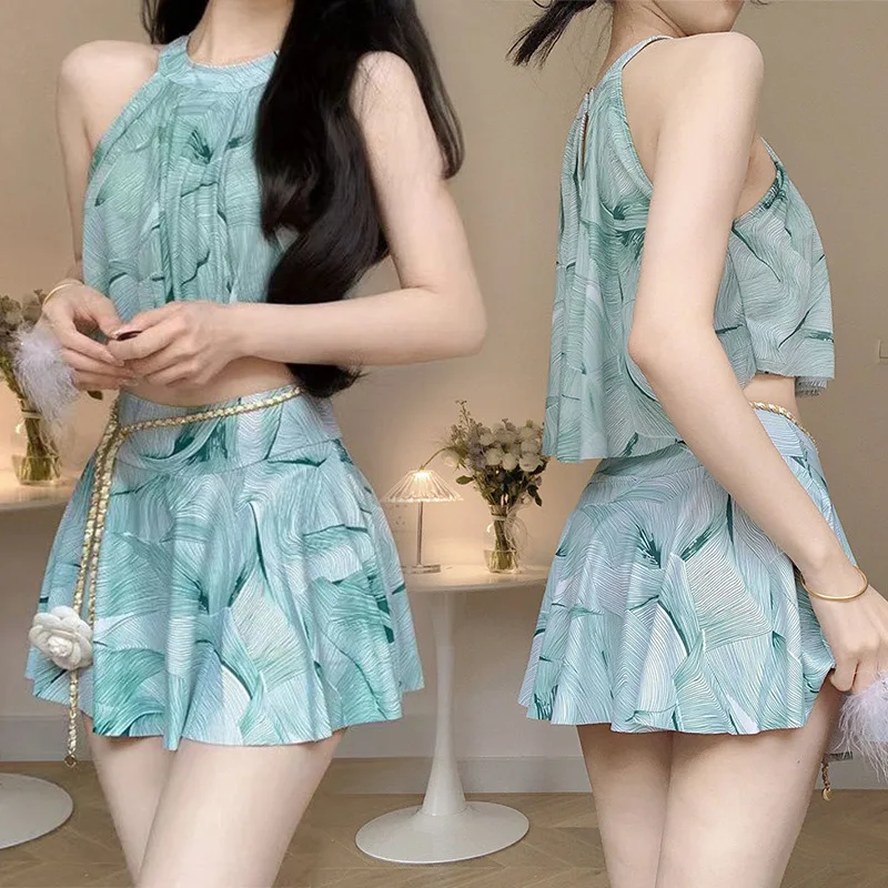 Women Two Piece Split Swimsuit, Fresh Print Conservative Slimming Bathing Suit, Modest Teen Swimwear For Spa Hot Spring