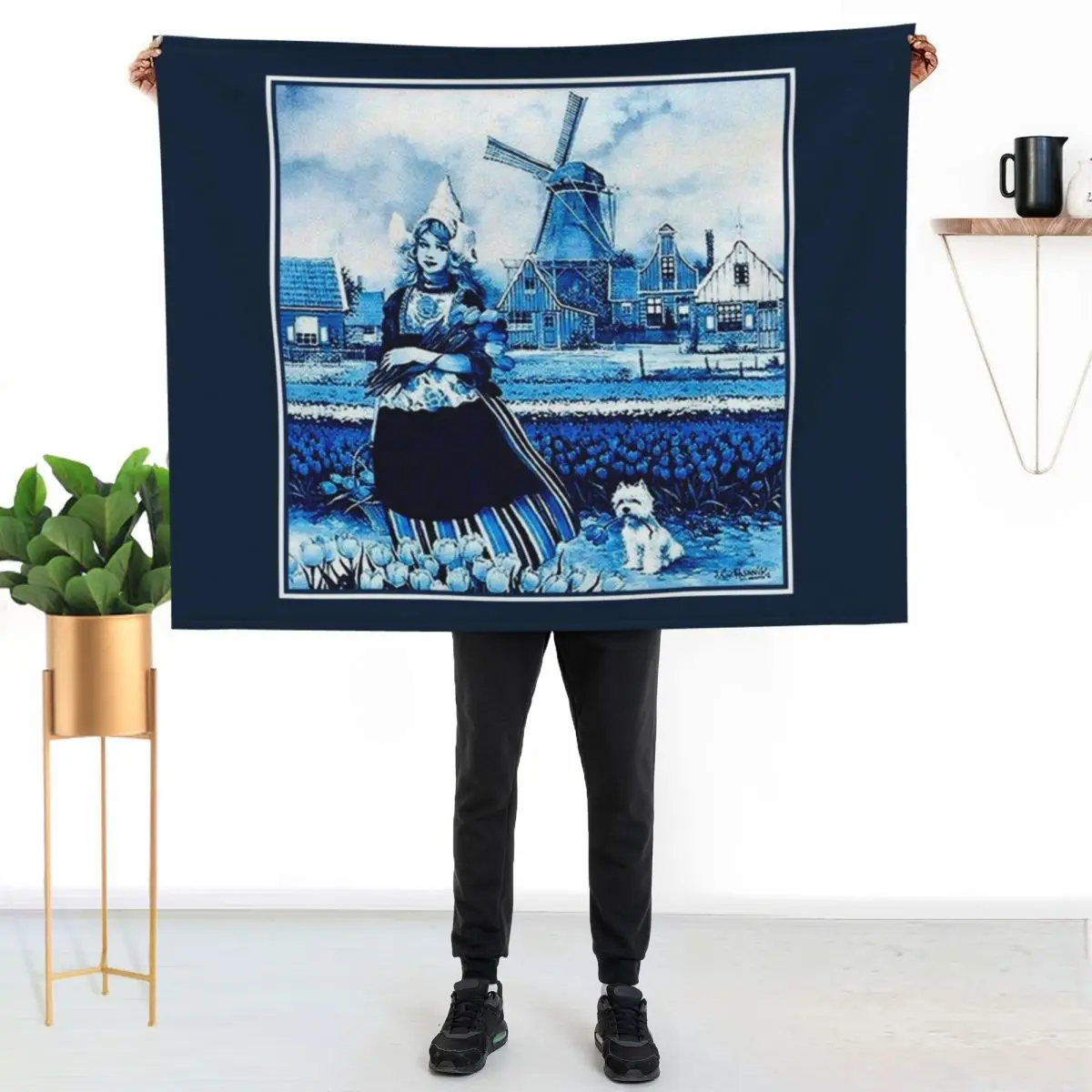 DUTCH BLUE DELFT : Vintage Windmill, Young Girl, Dog and tulips Print Throw Blanket Luxury St Softest warm winter Blankets