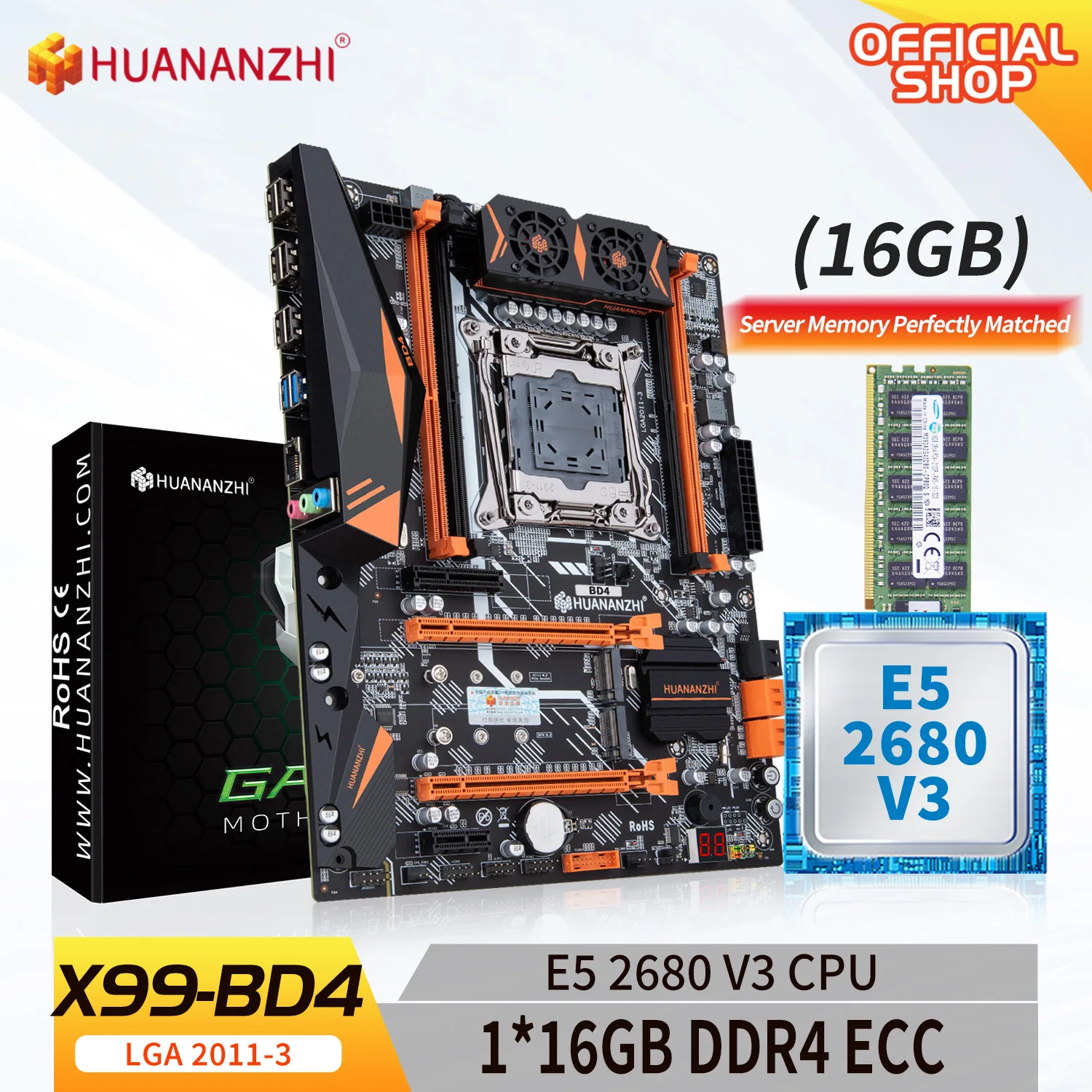 HUANANZHI BD4 LGA 2011-3 Motherboard with Intel XEON E5 2680 v3 with 1*16G DDR4 RECC memory combo kit set NVME NGFF SATA USB