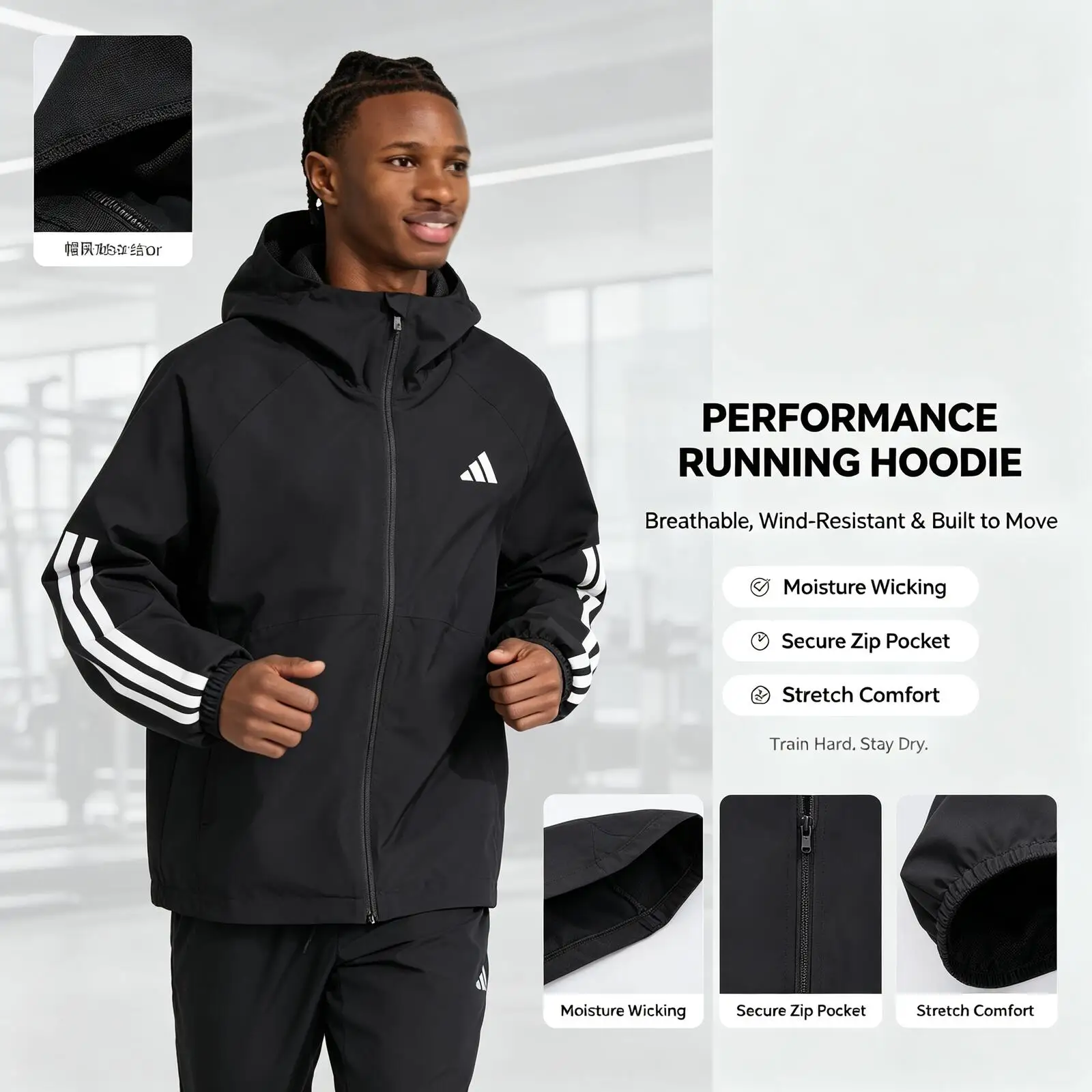Adidas Lightweight Sports Hoodie, Wind-Resistant Full Zip Running Jacket, Classic 3-Stripes Breathable Training Top  Activities