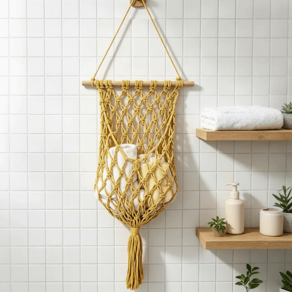 Handmade Woven Fruit Storage Basket Wall Mounted Tassel Design Hanging Wall Holder Four Season Use Hanging Hammock Style
