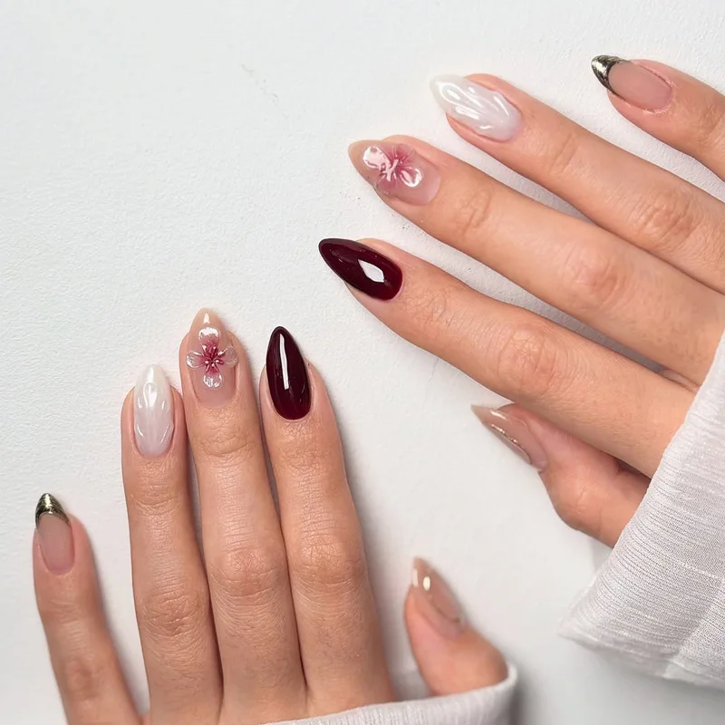 

24Pcs Mid-length French Almond Press on Nails 3D Flower Gilding Design Fake Nail Wearable Artificial Full Cover False Nails Tips