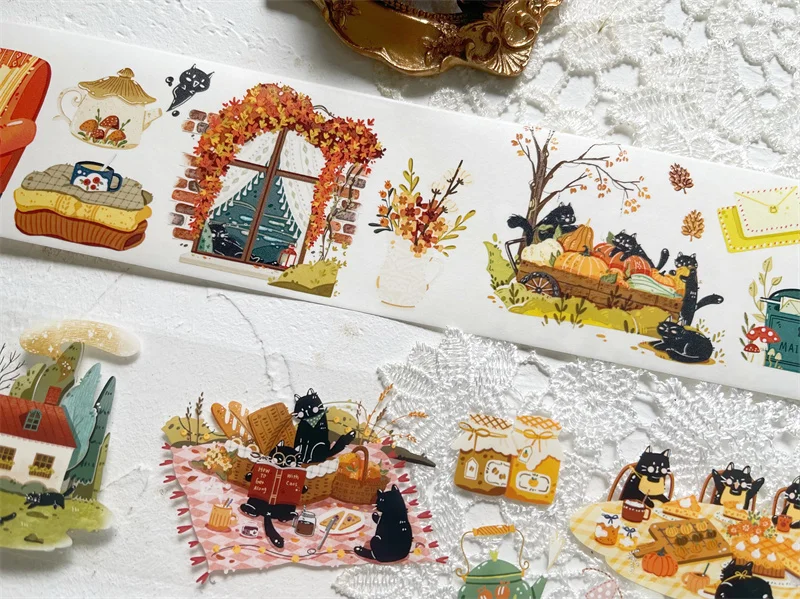 1 Loop 120cm Autumnal Element Lovely Cat PET Washi Tape DIY Decor Scrapbooking Journal Material Sticker