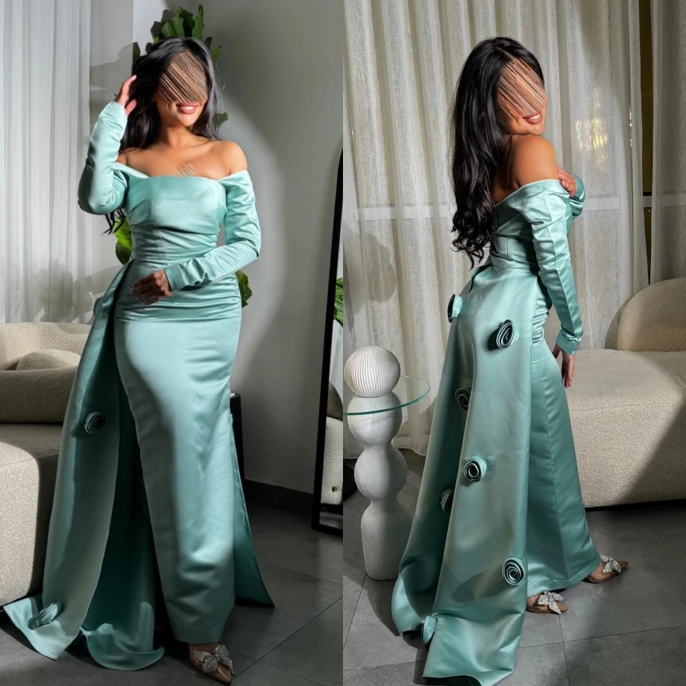 Customized High Quality  Exquisite Off The Shoulder Ball Gown Flowers Floor-Length Satin Bespoke Occasion Dresses Evening