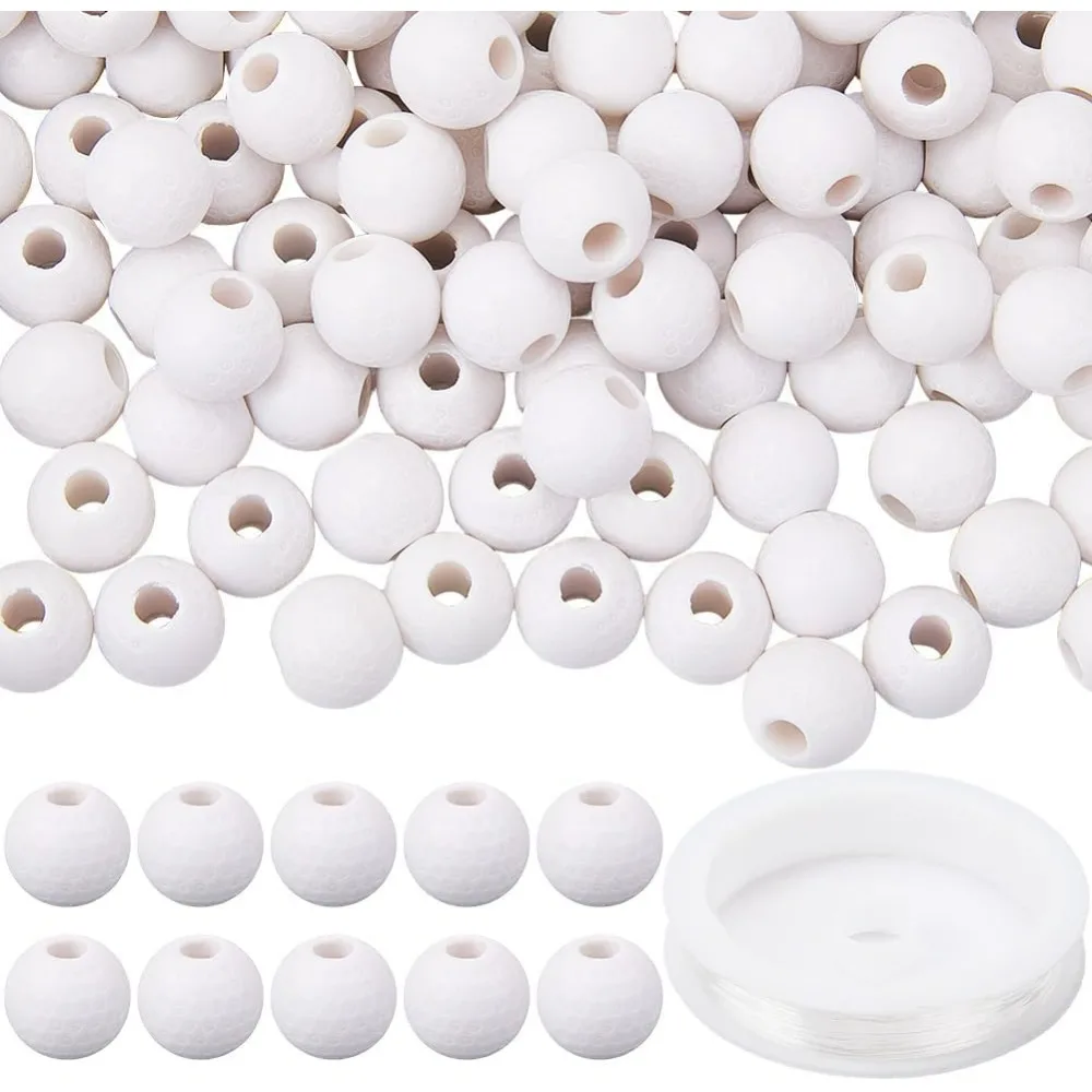 

1 Box 150pcs Golf Ball Beads Acrylic Ball Beads White 11mm Large Big Hole Round Sport Loose Spacers with 10m String