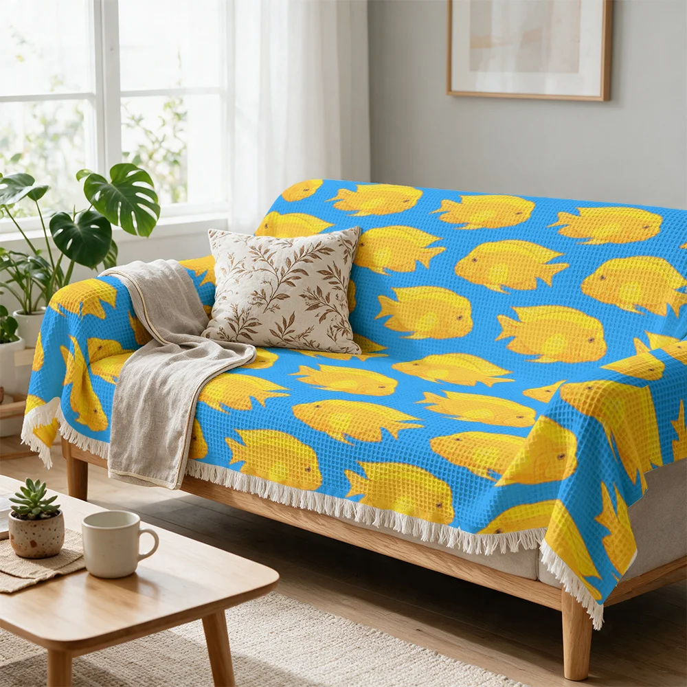 Bright Yellow Fish Pattern Sofa Throw Blanket Couch Cover Blue Ocean Nautical Coastal Sea Life Print Decorative Throw for Living