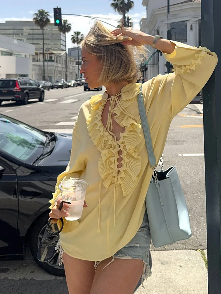 

HH летние модные женские блузки светло-желтые с v-образным вырезом и длинными рукавами многоуровневые украшения на шнуровке женские повседневные шикарные рубашки