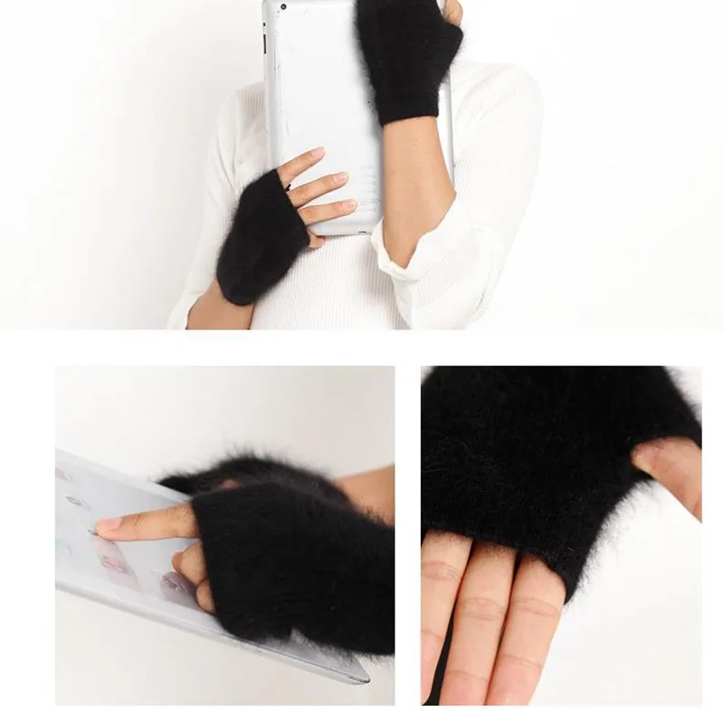 Mink Cashmere Autumn Winter Gloves Fingerless Warm Racoon Wool Mitten Wrist Length With Thumb Hole Mitts Korean Female Lovely