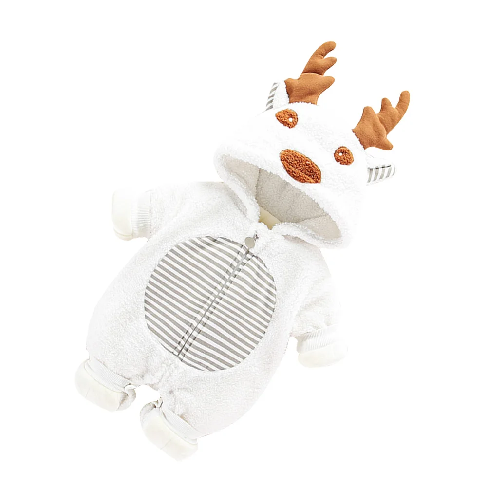 

1pc Baby Jumpsuit Infant Rompers Long Sleeve Winter Hoodie Deer Print Soft Warm Outfit For 90Cm Crawling Playing Rice White