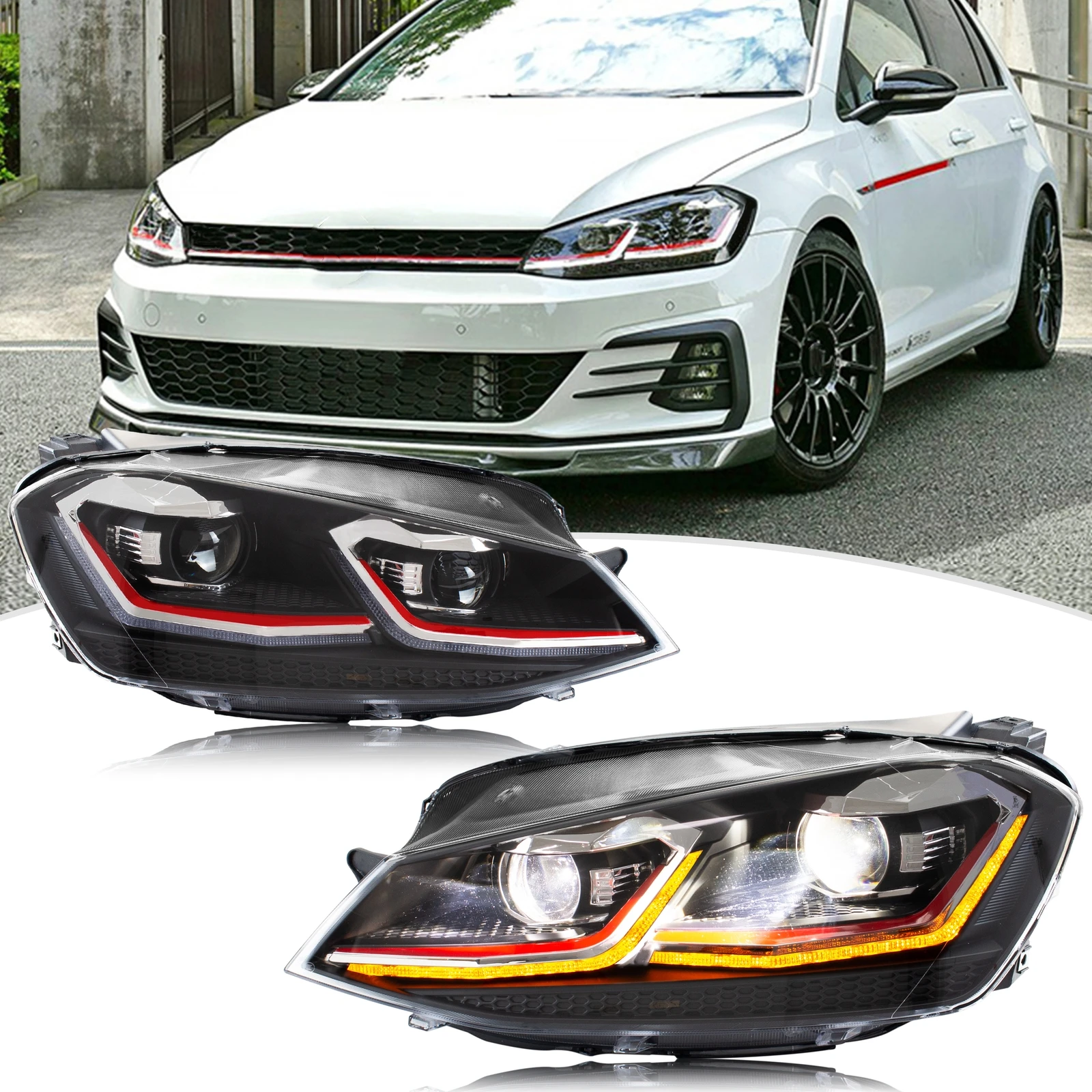 LED-Scheinwerfer für Volkswagen VW Golf 7 MK7 VII TDI TSI 2013–2017, Red Line E-Mark-Frontlampen-Baugruppe [nicht passend für GTI/R/GTD]