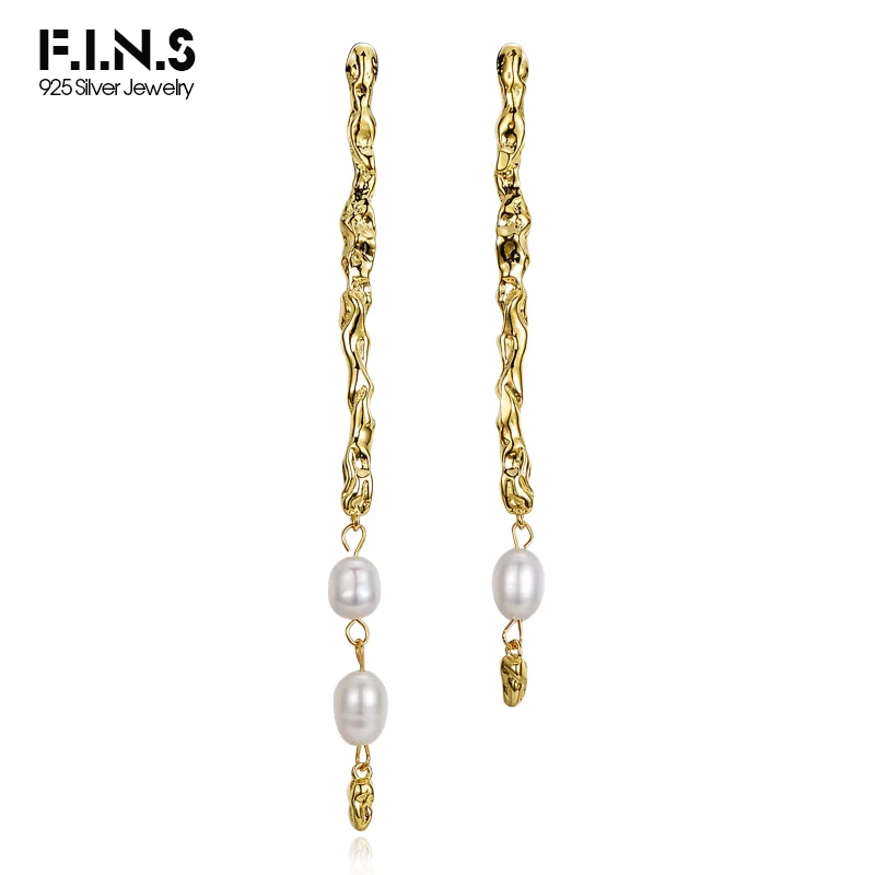 

F.I.N.S Original Texture Asymmetric Freshwater Pearl 925 Sterling Silver Long Dangle Earrings Irregular Pierced Ear Fine Jewelry