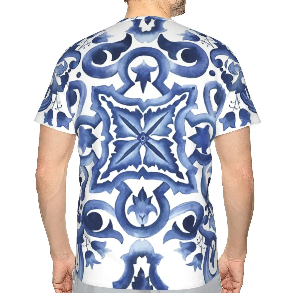 Blue Ornate Floral Mediterranean Sicilian Tile 100% Cotton T-Shirt Men'sClassic T Shirts Men O-Neck Short Sleeve