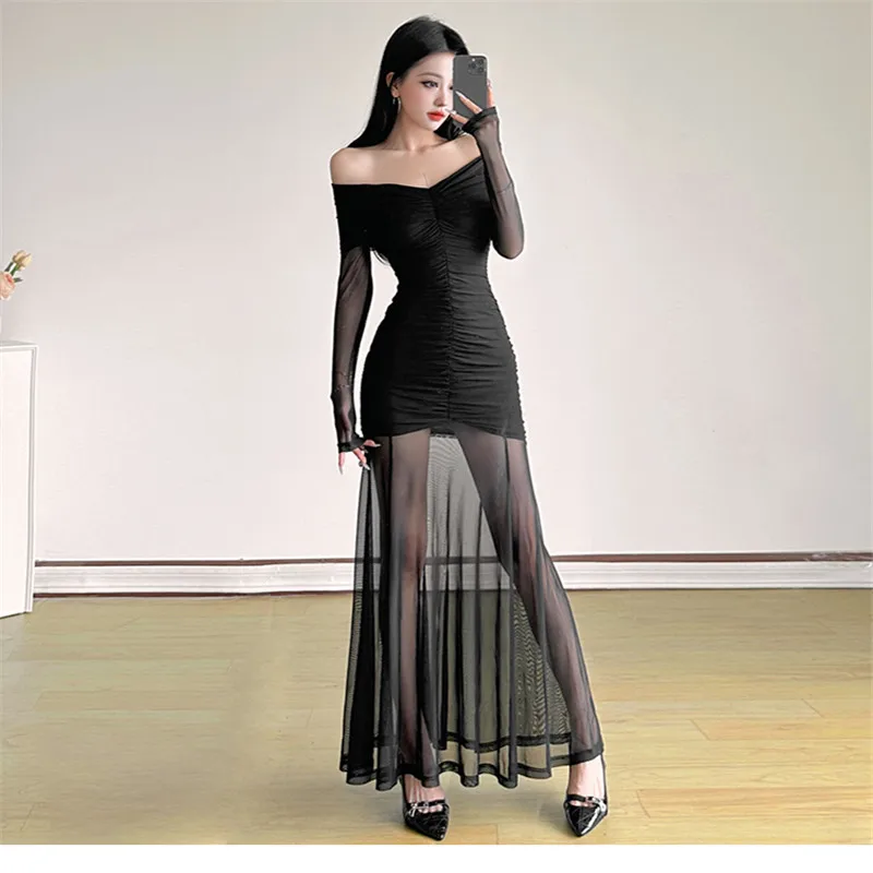 Women Long Sleeve Off Shoulder Red Black Long Dress New Sexy Slash Neck Mesh Patchwork Dress Strapless Sheer Pencil Party Dress