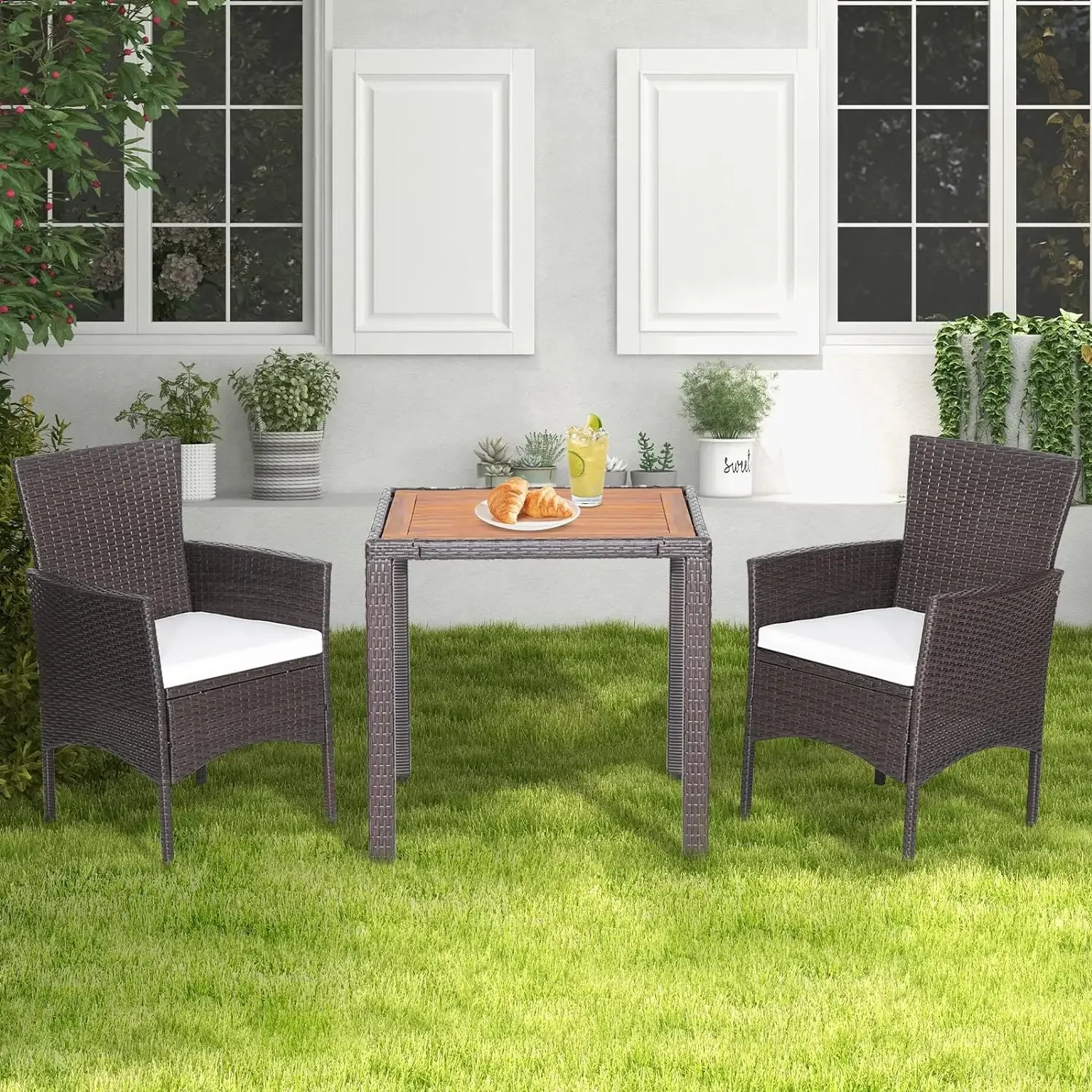 

3 Pieces Patio Furniture Set, Outdoor Mix Brown Wicker Dining Set w/Acacia Wood Top Table, Comfortable Cushioned Chairs