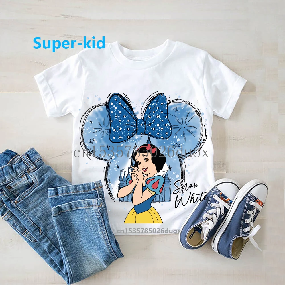 السحرية ديزني القلعة المائية الأميرة Kawaii فتاة قصيرة الأكمام التي شيرت ديزني الأميرة حسناء ارييل سندريلا أورورا طفل المحملة