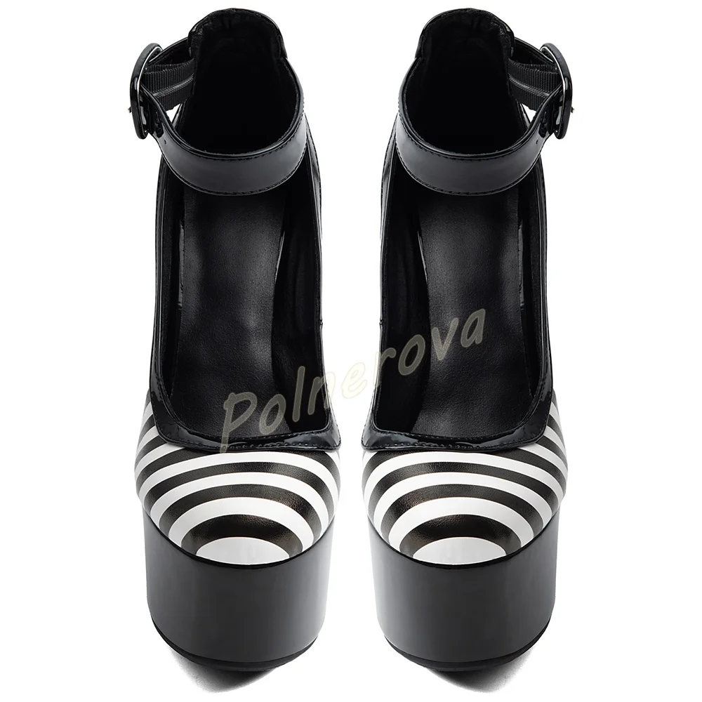 Women Black White Striped Pumps Platform Ankle Strap Buckle Super High Block Heel Shoes Round Toe Gothic Punk Party Dress Shoes