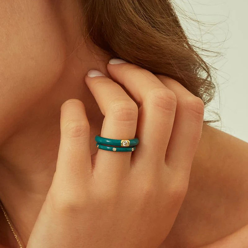 Gold/silver Plated Colorful CZ Simple Fashion Finger Ring Stackable Enamel Rings For Women Brand Fine Jewelry