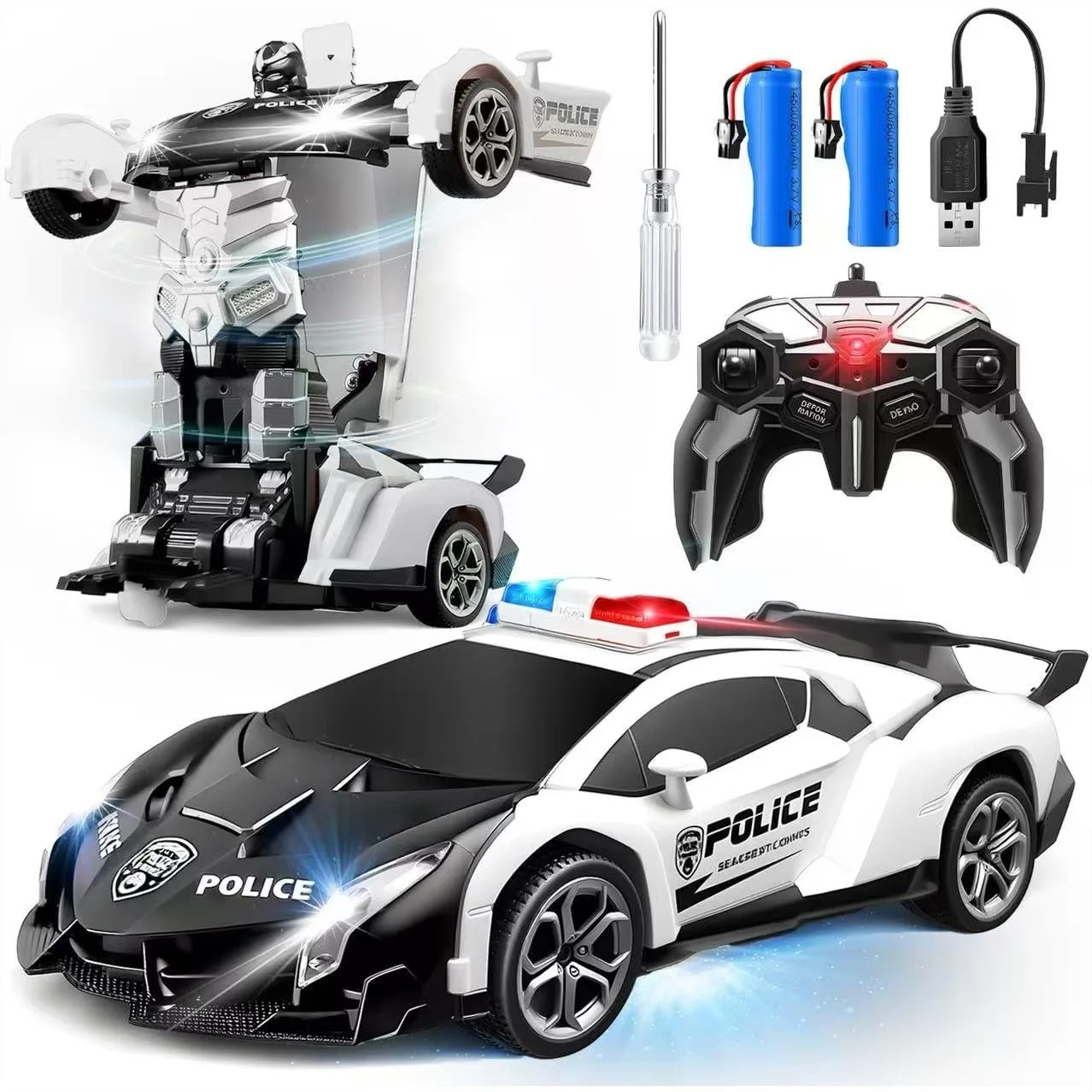 

2.4Ghz Remote Control Transforming Robot Car, 2-in-1 RC Police Car with Lights, 360° Rotation Toy for Boys 3-8