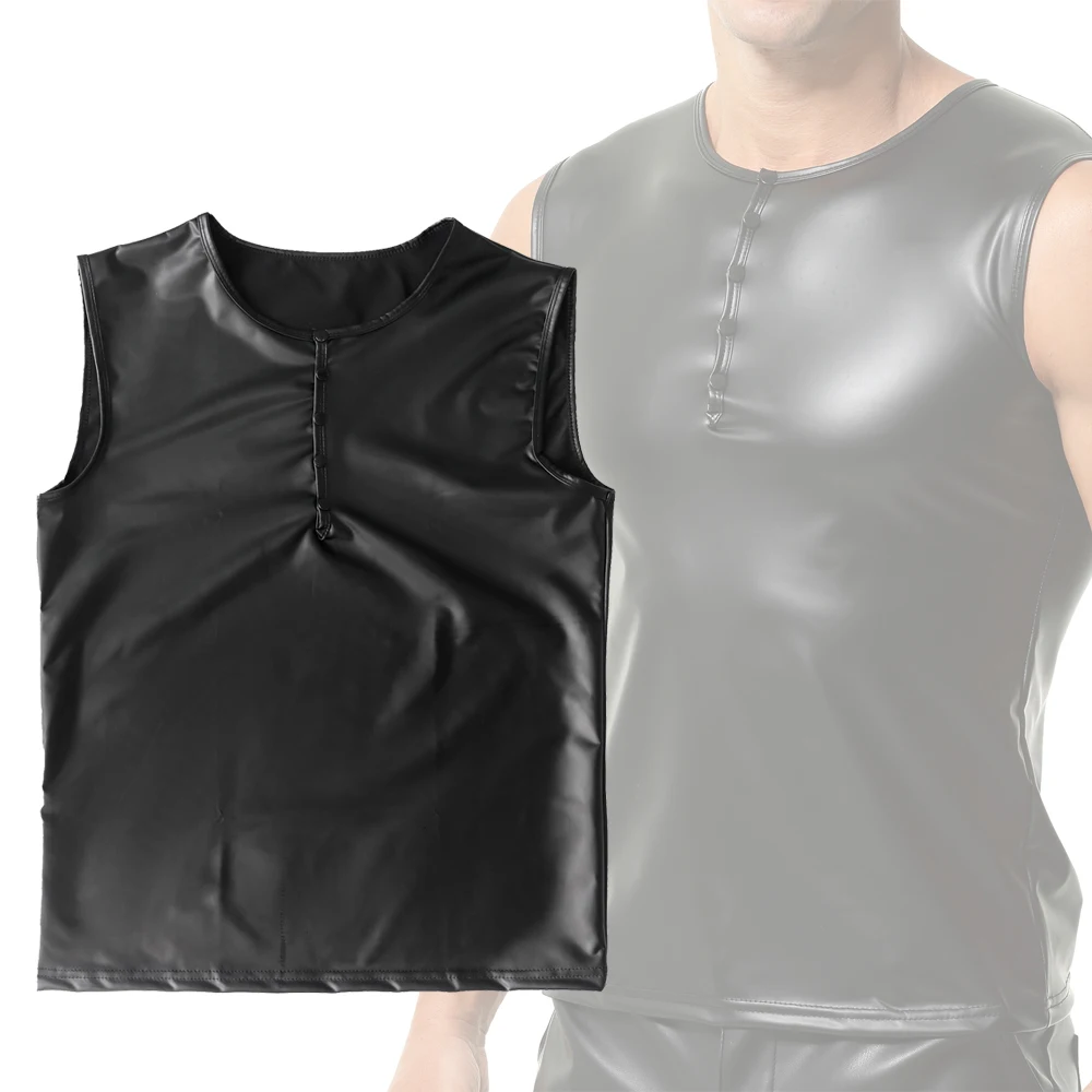 Classic Men's Faux Leather Vest Stretchy Basic Casual Tank Tops Male Dance Rave Nightclub Daily PU Leather Sleeveless Tees Tops