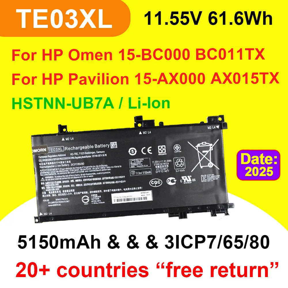 

For HP TE03XL Laptop Battery Omen 15-BC000 15-BC011TX BC013TX Pavilion 15-AX000 15-AX015TX HSTNN-UB7A 11.55V 61.6Wh 5150mAh
