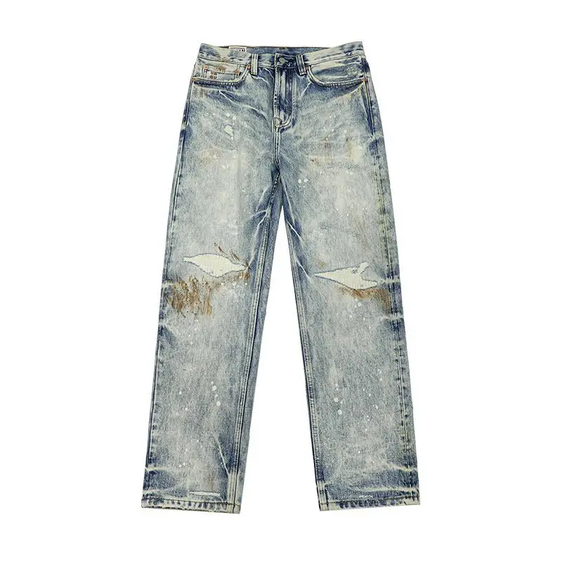 2025 Autumn New Heavy duty Washed Scratched Retro Jeans Men with Broken Holes Trendy Straight Tube Made Old Pants