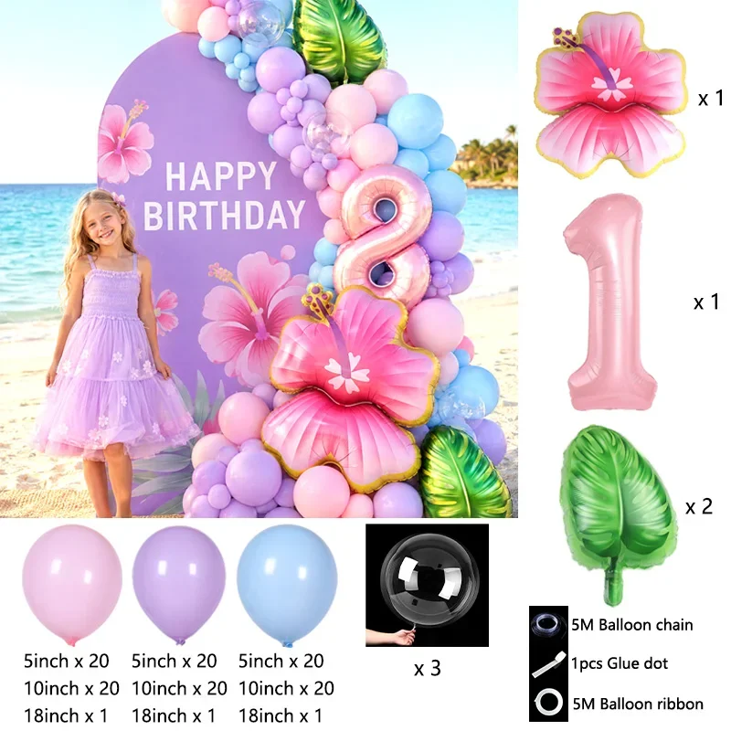 Balloon Bouquet,Stitches Cartoon Pattern Balloons With Hibiscus And Coconut Palm for Summer Island Hawaiian Birthday Party Decor