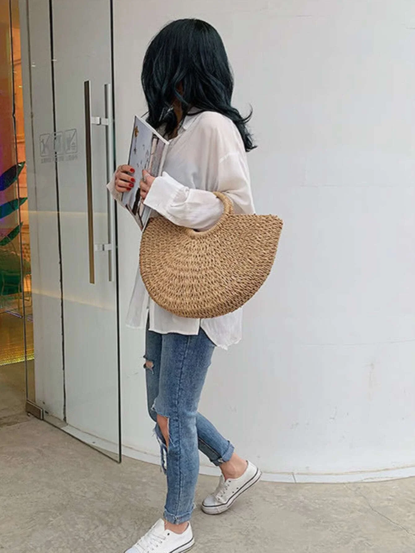 軽量リングハンドルデザインストローバッグ、十代の女の子、女性、大学生、新人ホワイトカラー労働者、オフィスに最適、C