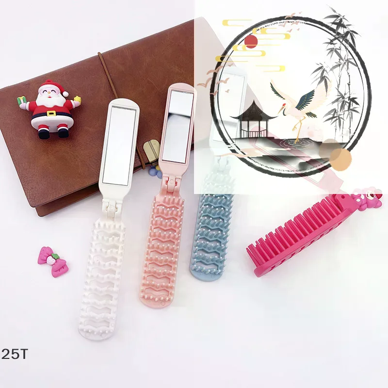 Hollow Comb Foldable Small Hair Comb 2 In 1 Hair Brush With Mirror Portable Massage Anti-static Comb Trave Styling Accessories