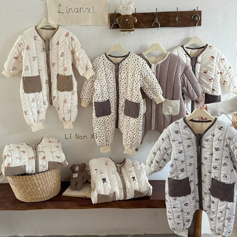 

Зимние утепленные детские комбинезоны, боди для ползания малышей, утепленная теплая зимняя одежда для новорожденных на флисовой подкладке