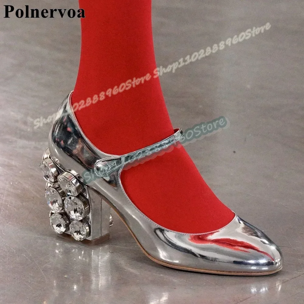 

Metallic Silver Glossy Leather Crystals Pumps Block Heel Shoes For Women Button Strap Round Toe Luxury Party Trending Pumps
