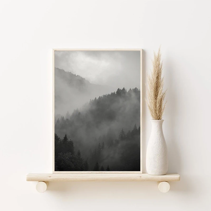 Black White Foggy Pine Tree Forest Mountains Posters and Prints Canvas Painting Wall Art Landscape Pictures for Room Home Decor