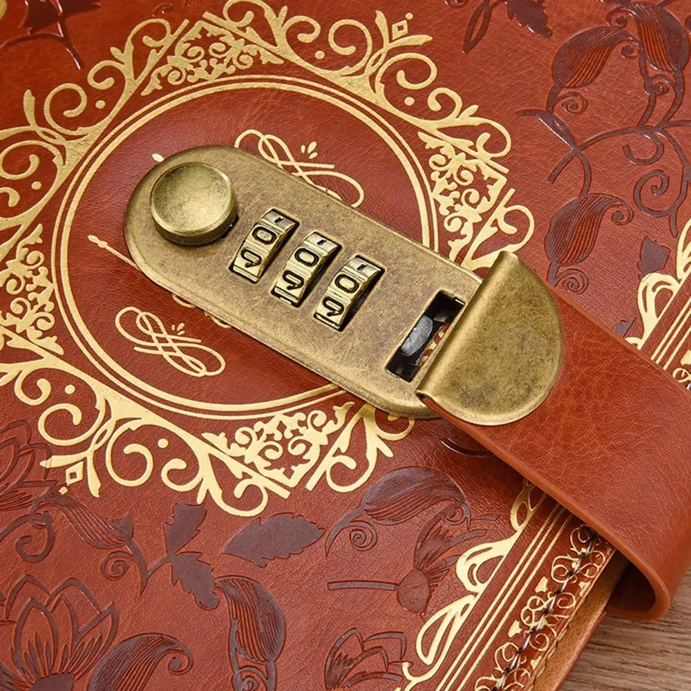 PU Leather A5 Journal Notebook Combination Lock Hard Cover Personal Planner Organizers Embossed Design Ruled Lined Paper