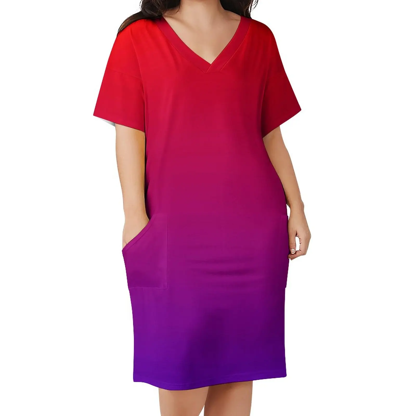 Ombre Neon Lights Casual Dress Minimalist Red to Purple Gradient Kawaii Dresses V Neck Streetwear Print Dress Plus Size 3XL 4XL