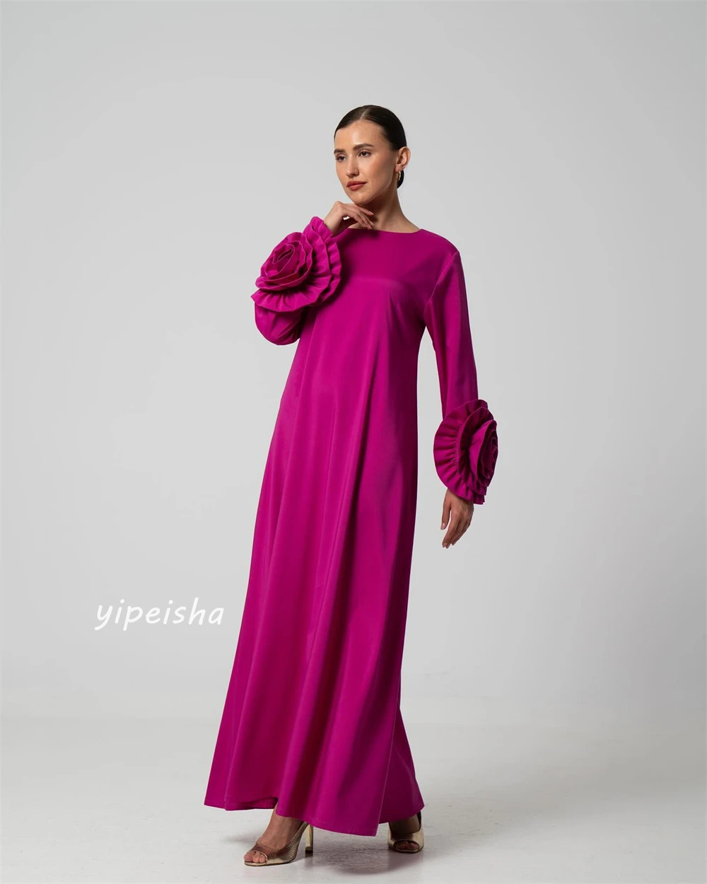 Jiayigong-Robe de soirée drapée à fleurs, tenue de soirée de haute qualité, col rond, manches longues, sur mesure