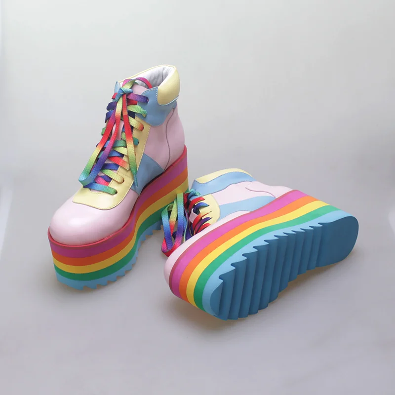 Rainbow Mixed Color Genuine Leather Thick Sole Platform 9cm Wedges Ankle Boots Ladies Round Toe Lace-up Casual Flats Shoes 2023