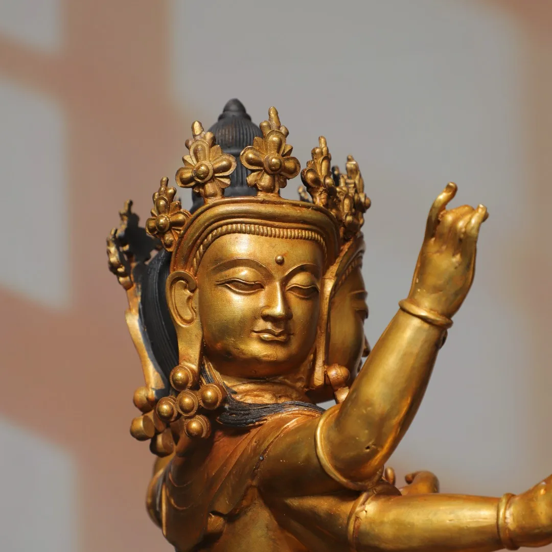 Old Bronze Gilded 3 heads and 6 arms Ushnishavijaya Sitting Buddha Respectful Mother Buddha Amitabha Town house